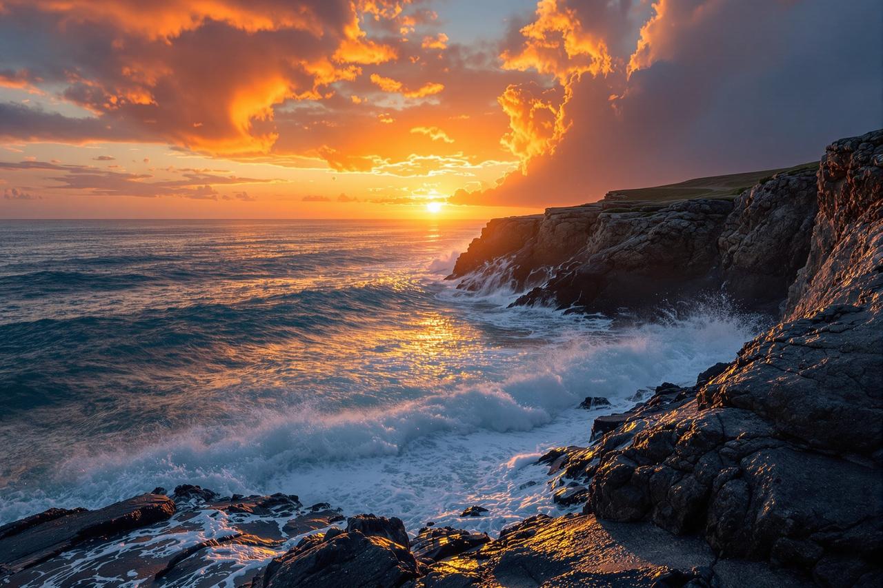 老王影院 - 天涯海角的视频宝库，金色夕阳下的海岸悬崖，壮丽的海景风光